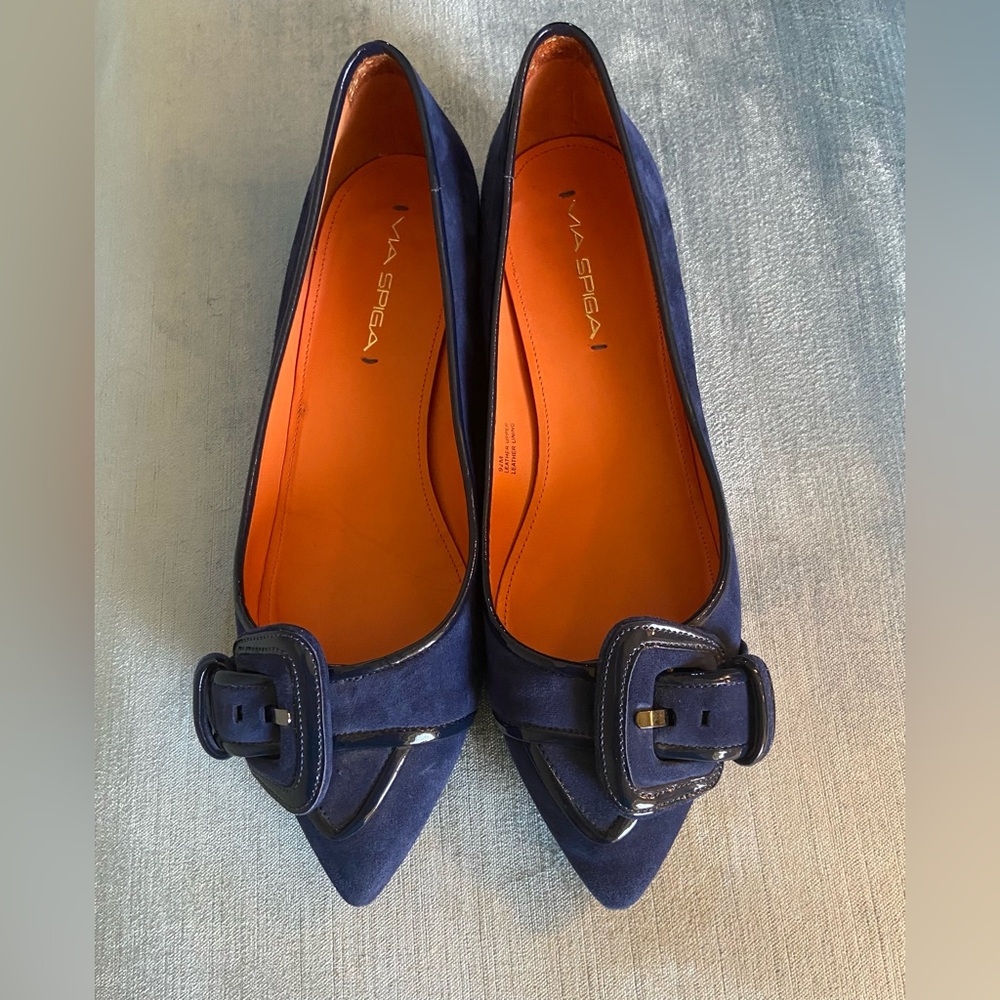 Via Spiga Women's Navy Suede Loafers with Statement Buckle